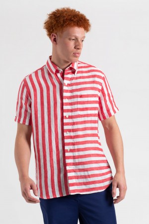 Ben Sherman B by Ben Sherman Candy Stripe Linen Short Sleeve Skjorte Rosa Rød | CL7304628