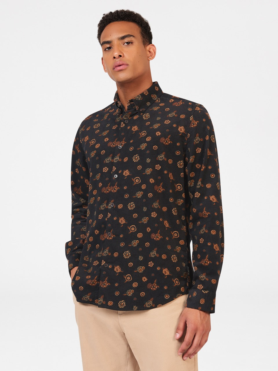 Ben Sherman Retro Floral Print Corduroy Skjorte Svarte | EA3497028