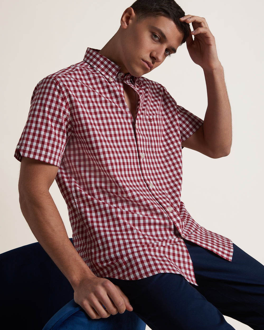 Ben Sherman Short Sleeve House Poplin Gingham Skjorte Burgunder | VA0187642
